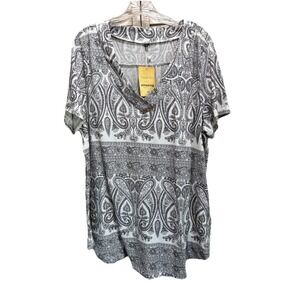 Allegrace White/Blk Paisley V Neck Short Sleeve Size 3XL Flowy Boho Plus‎